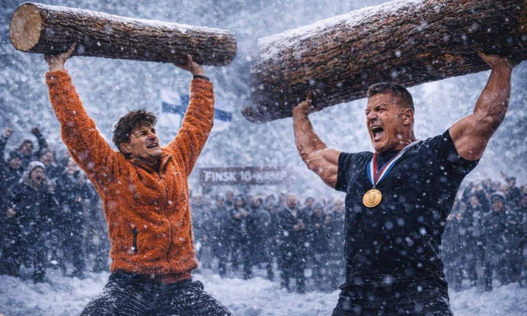 Ralle och Jarmo Mäkinen lyfter stockar i snöstorm – Finsk Tiokamp